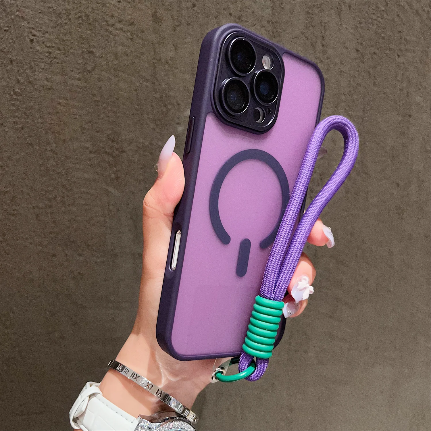 Magnetic Lanyard Wrist Strap Case with Shockproof Matte Bumper Cover and Clear Magsafe Design