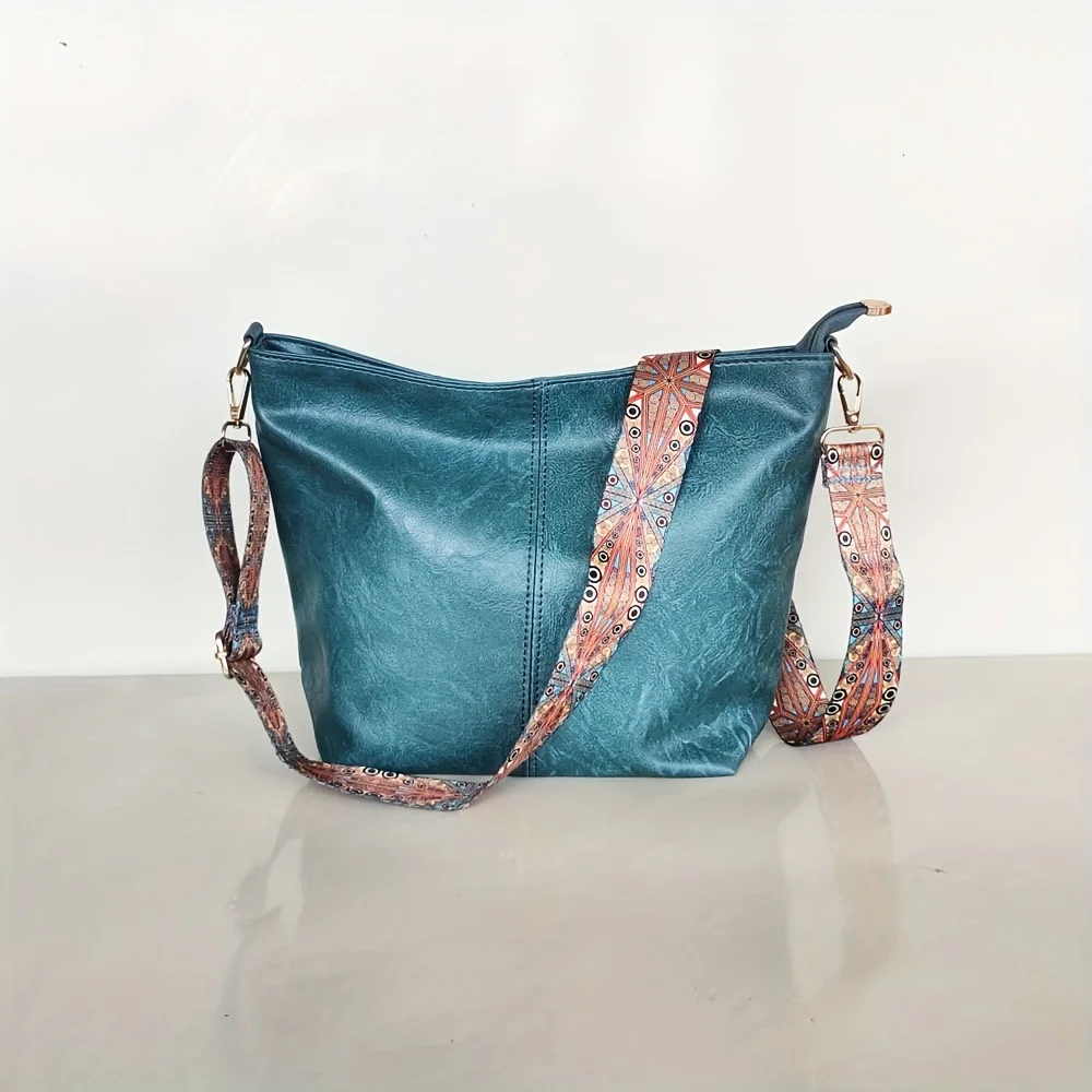 Modische Umhängetasche mit breitem Schultergurt, Retro-Umhängetasche für Damen aus PU-Leder, lässige Beuteltasche – Detail 23