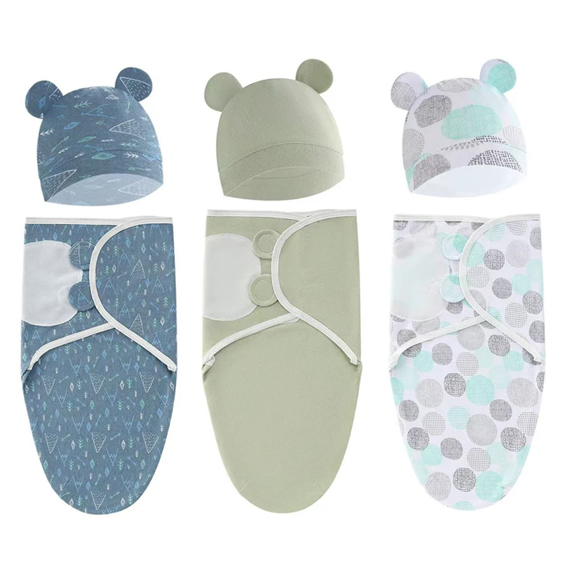 Baby Blanket Hat Set Cartoon Printed Cotton Newborn Swaddle Adjustable Infant Sleeping Swaddle Wraps All Seasons 0-6 Months