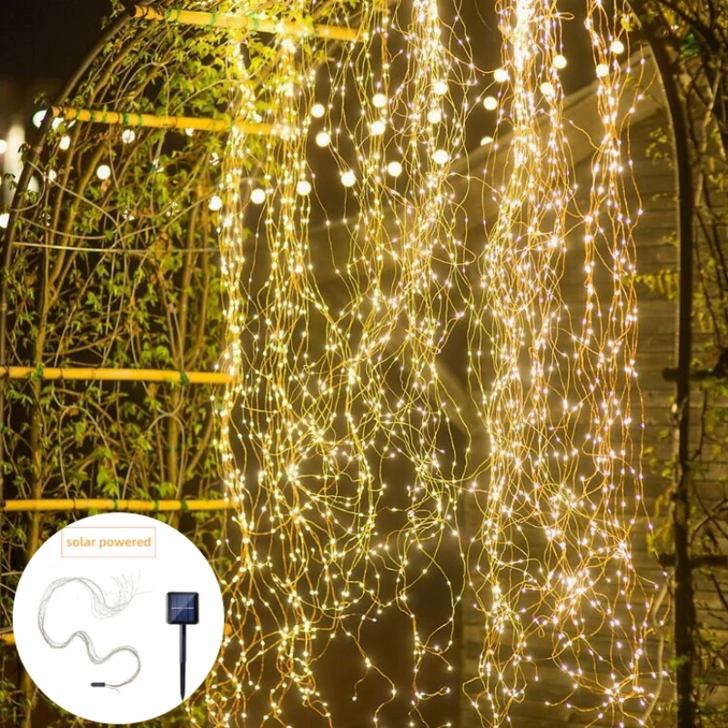 

Solar Powered Copper Wire LED Garland Vines Lights Outdoor Waterfall Fairy String Lights For Wedding Christmas Decoration