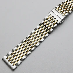 Elegant Curved End Stainless Steel Watch Band with Butterfly Clasp - Silver & Gold Finish - 22mm (Silver Gold)