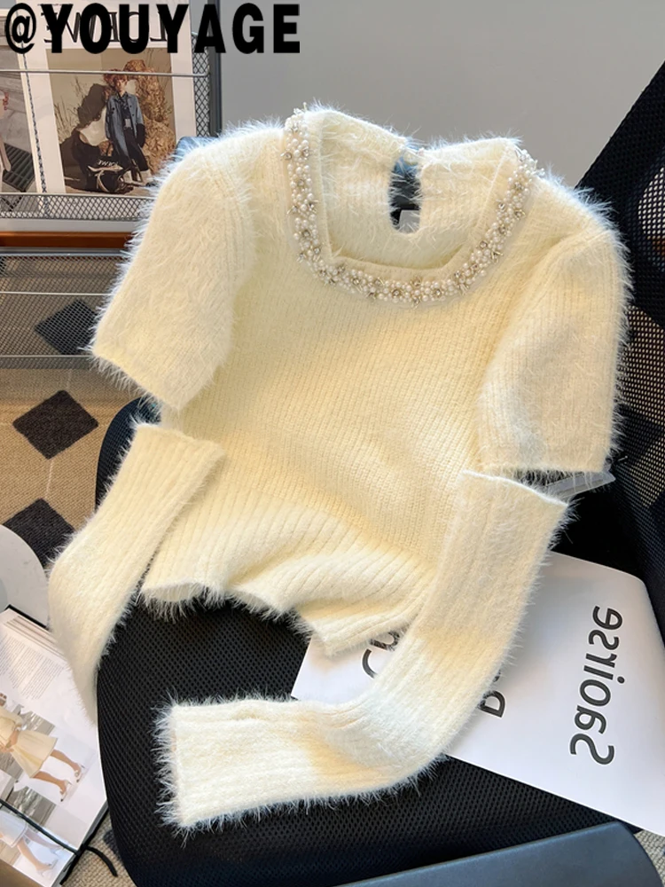 

Женский трикотажный свитер с бусинами, джемпер из двух предметов с круглым вырезом и длинным рукавом, весна-осень