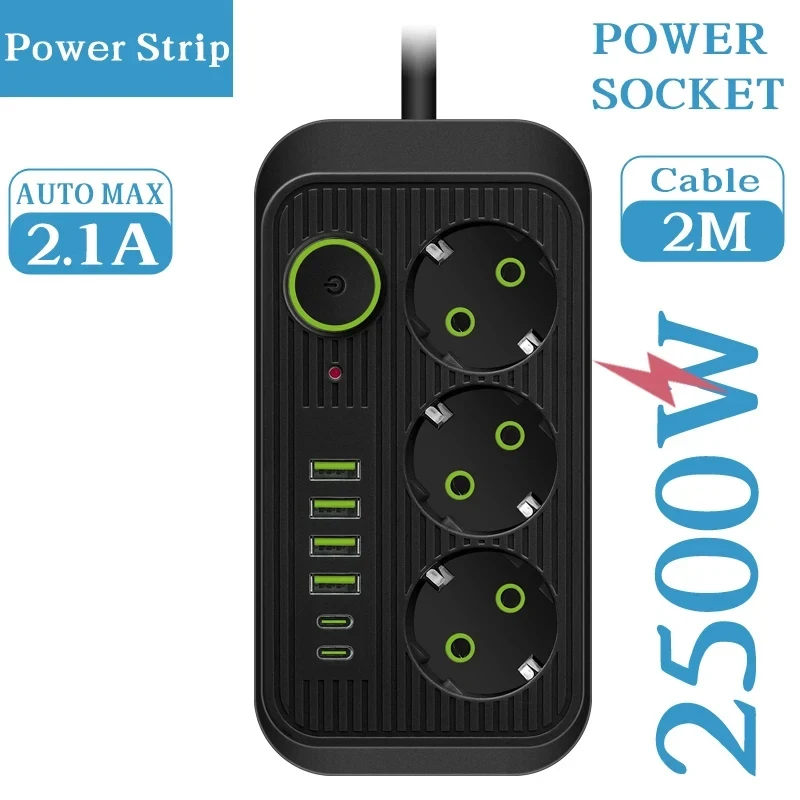 EU Plug Power Strip With 3 AC Outlets+ USB Port+ Type C Socket Adapter Wall Charger for Home Office Network Filter Fast Charging