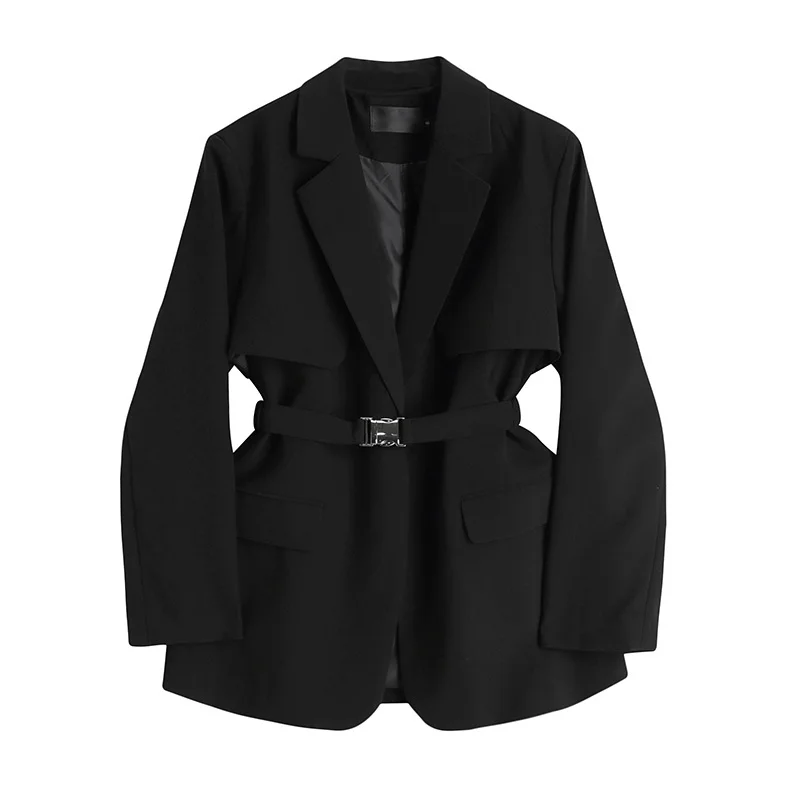 

Spring Vintage Women Belted Waist Black Suit Jacket Casual Notched Collar Long Sleeve Loose Female Blazers Outwear Streetwear