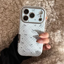 Korean Retro Plaid Bowknot Leather Texture Shockproof Phone Case Cover - iPhone 15 Plus (B)