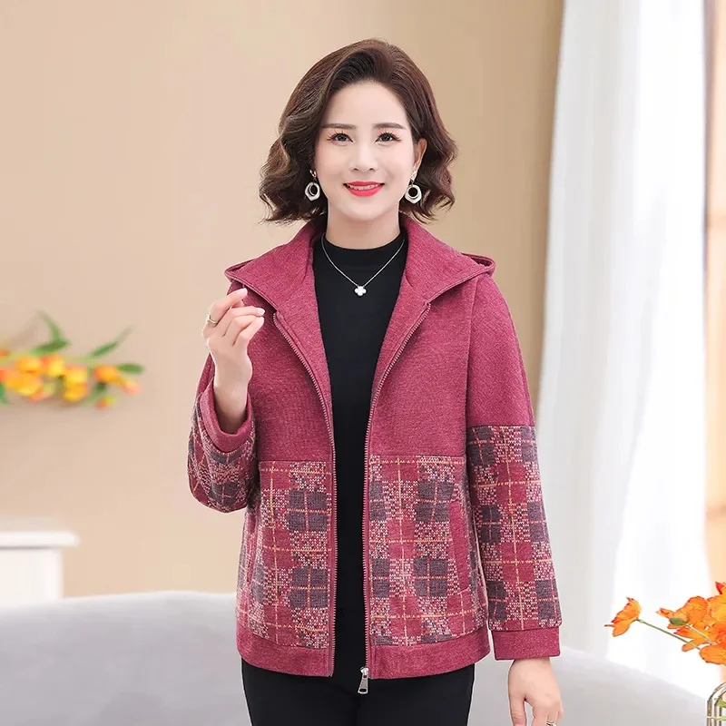 Mom's Autumn Hooded Foreign Style Jacket 2023 Middle-Aged And Elderly Spring And Autumn Short Top Jacket Jacket Hooded Casual