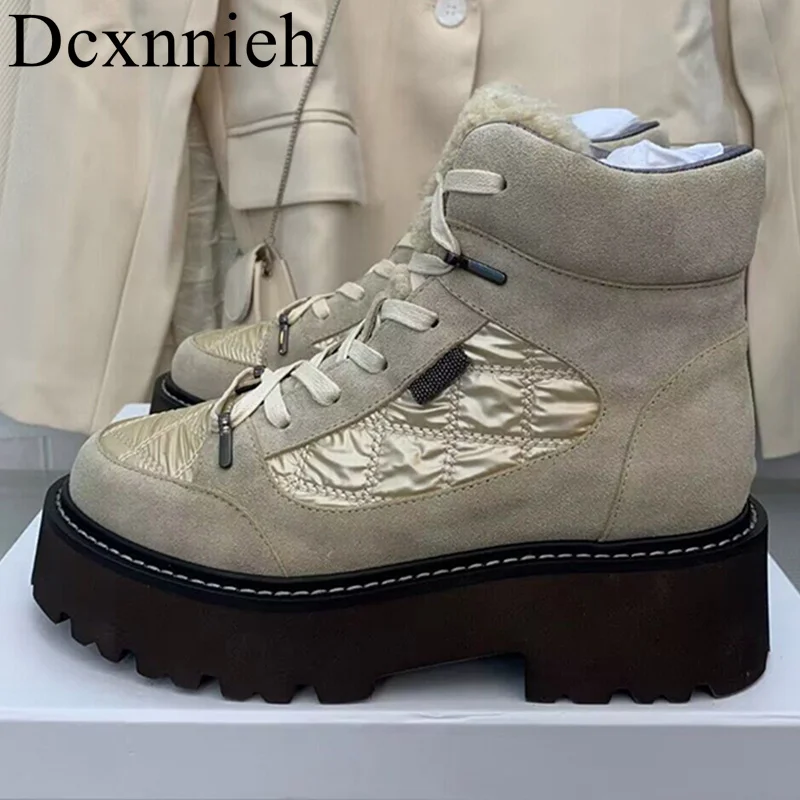 

New Faux Suede Lace-up Snow Boots Women Round Toe Thick Heels Splicing Short Botas Winter Wool Turned-over Edge Mid-calf Boots