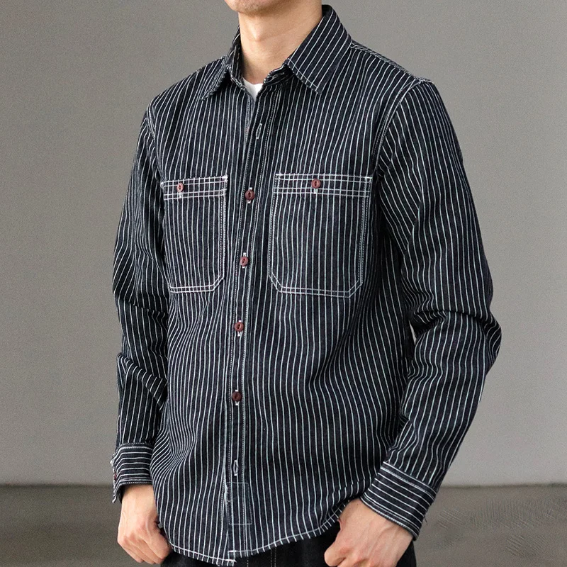 Autumn American Retro Heavyweight Denim Cargo Embroidery Striped Shirt Men's Fashion Pure Cotton Washed Casual Blouses Jacket