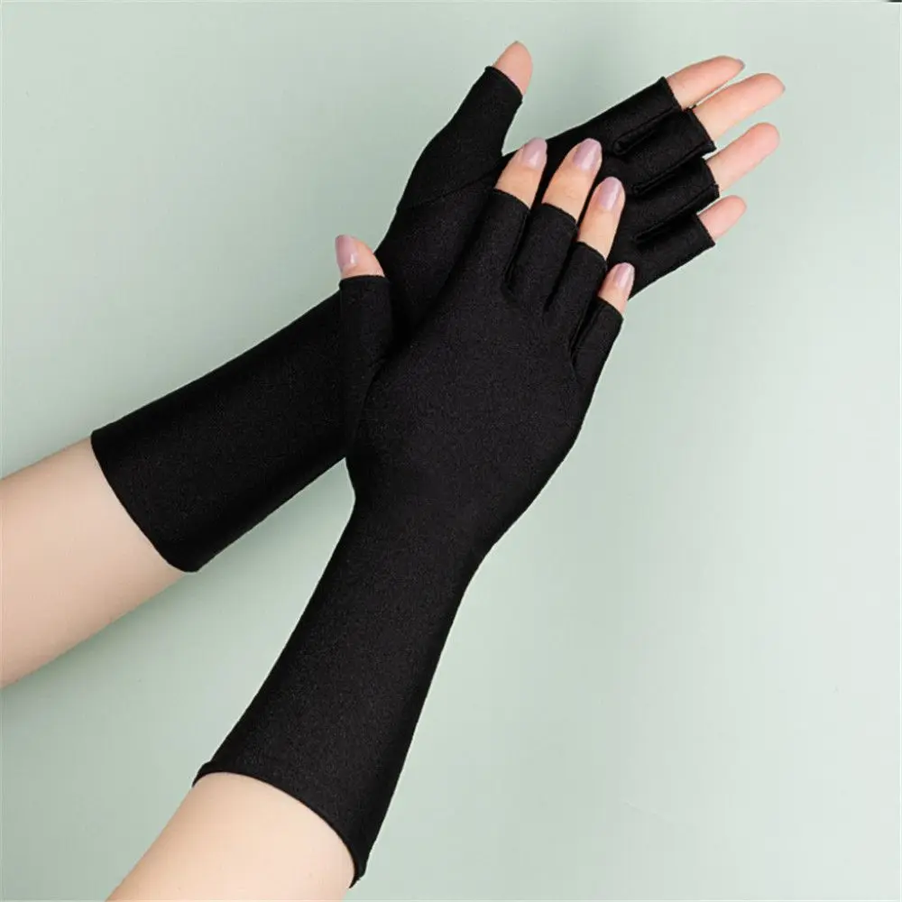 1Pair Sunscreen Protection Fingerless Long Gloves Women Arm Cool Summer Solid Mittens Half Finger Sleeves Black White Nude 2