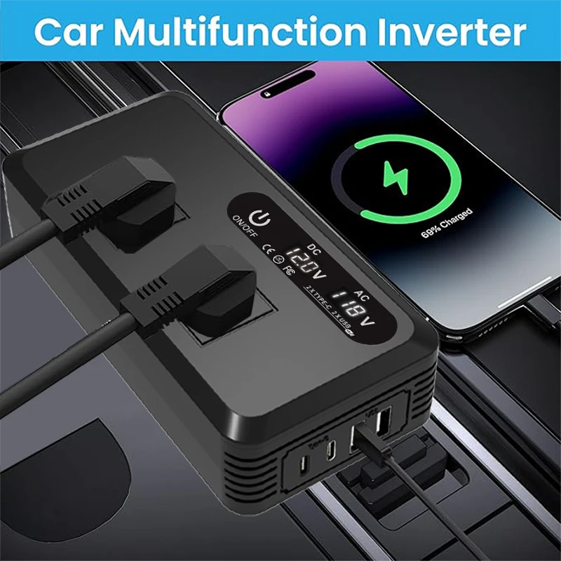 200W 차량용 인버터 DC 12V to AC 220V 230V 변압기 변환 Type-C USB 고속 충전 EU 소켓 차량용 인버터 전원 어댑터