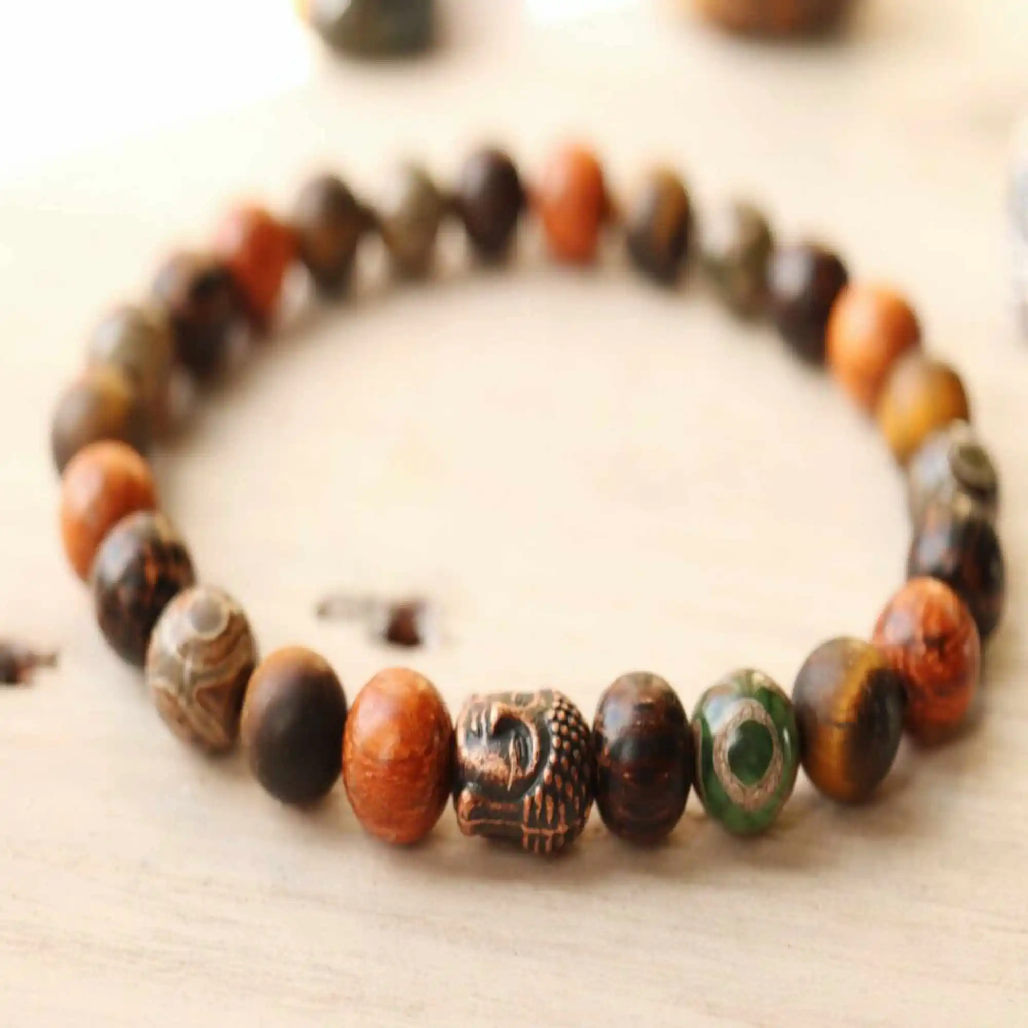 

8mm Natural Tibetan dzi Agate Tiger's Eye Copper Buddha Bracelet Chakra Souvenir Bohemia Dark Matter Cuff spread Yoga Gift