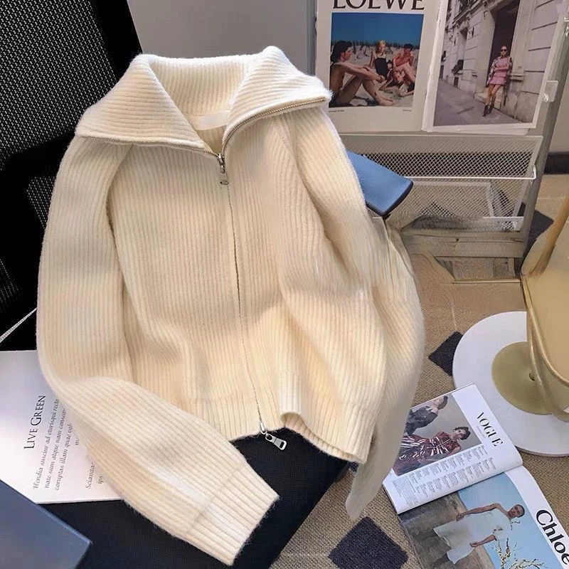 

Sweater Cardigan Women Autumn Winter New Solid Vintage Thick Elegant Zipper Loose Soft Casual Long Sleeve Fashion Knitwear X168