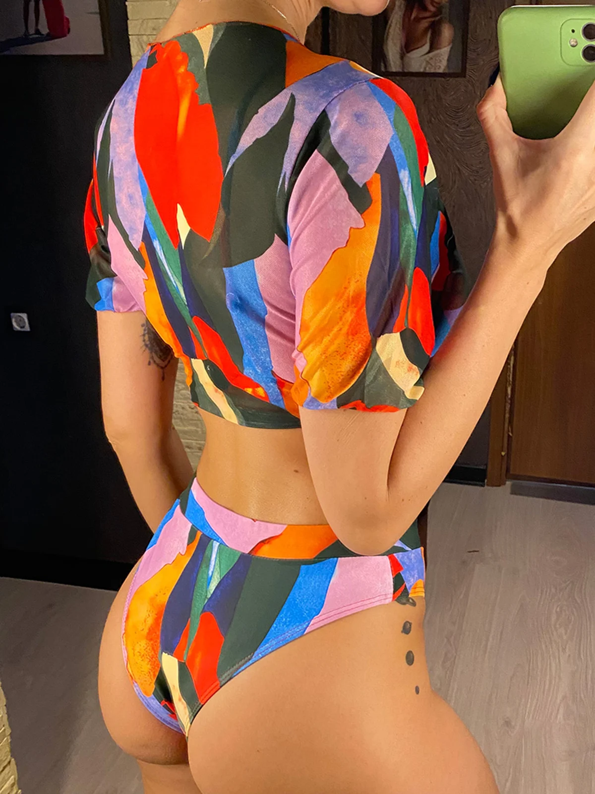 S-XXL Sexy Colorful Print Female Swimsuit High Waist Bikini Women Swimwear  Three-piece Bikini set Bather Bathing Suit Swim V2805