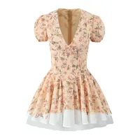 2024 Sexy Flower Print V Collar Corset Style Mini Dress Short Puff Sleeve Women Low Waist Ruched Pleated Contrast Color Hem Robe - Image 2
