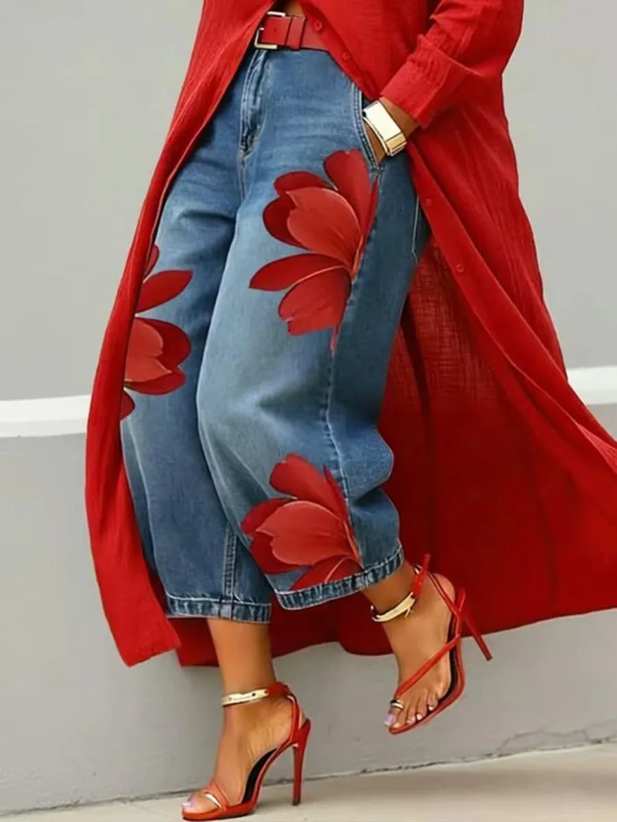 Streetwear Women's Floral Print High Waist Jeans Loose Fit Cropped Wide Leg Denim Pants Casual Trendy Plus Size Trousers