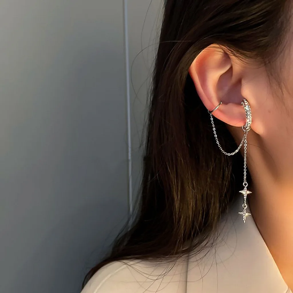 Single Non Pierced Star Tassel Chain Pendant Ear Clip Women Fashion Ear Clip
