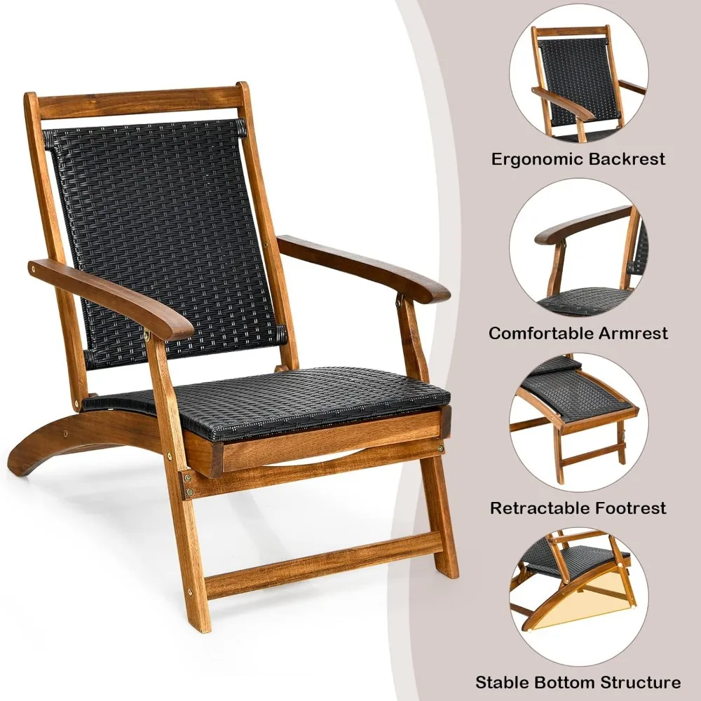 Patio Chaise Lounge Chair - Acacia Wood Folding Rattan Wicker Chair w/Retractable Footrest, Space-Saving Ergonomic 4