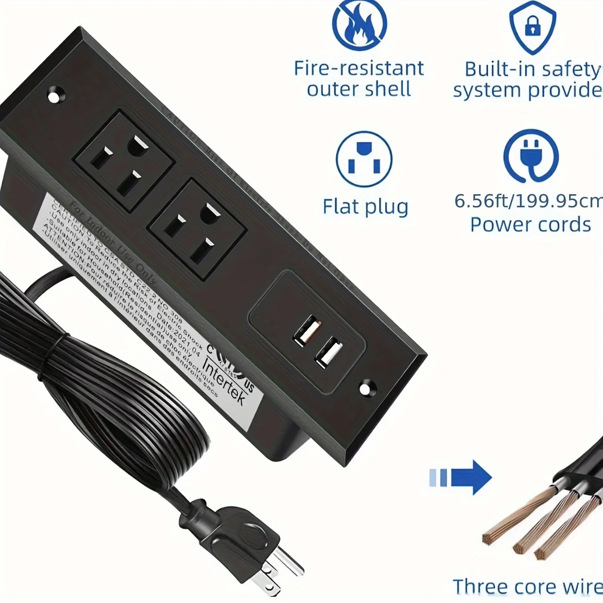 

US ETL-Listed Desk Charging Station: 2 AC Sockets, 2 USB Ports, Mountable, 5ft Cord – Power Home Office Power Electric Sockets