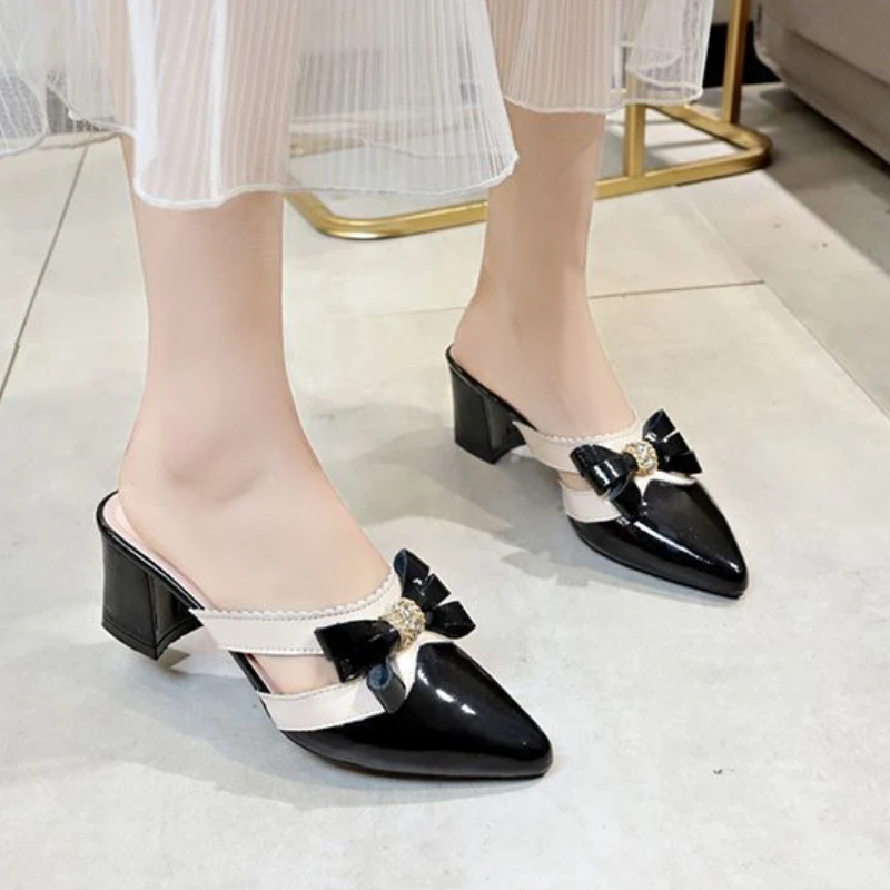 

2023 Fashion Women's Shoes Closed Toe Women's Pumps Summer Pointed Toe Bow Sequins Shoes Ladies Mixed Colors Chunky Heels