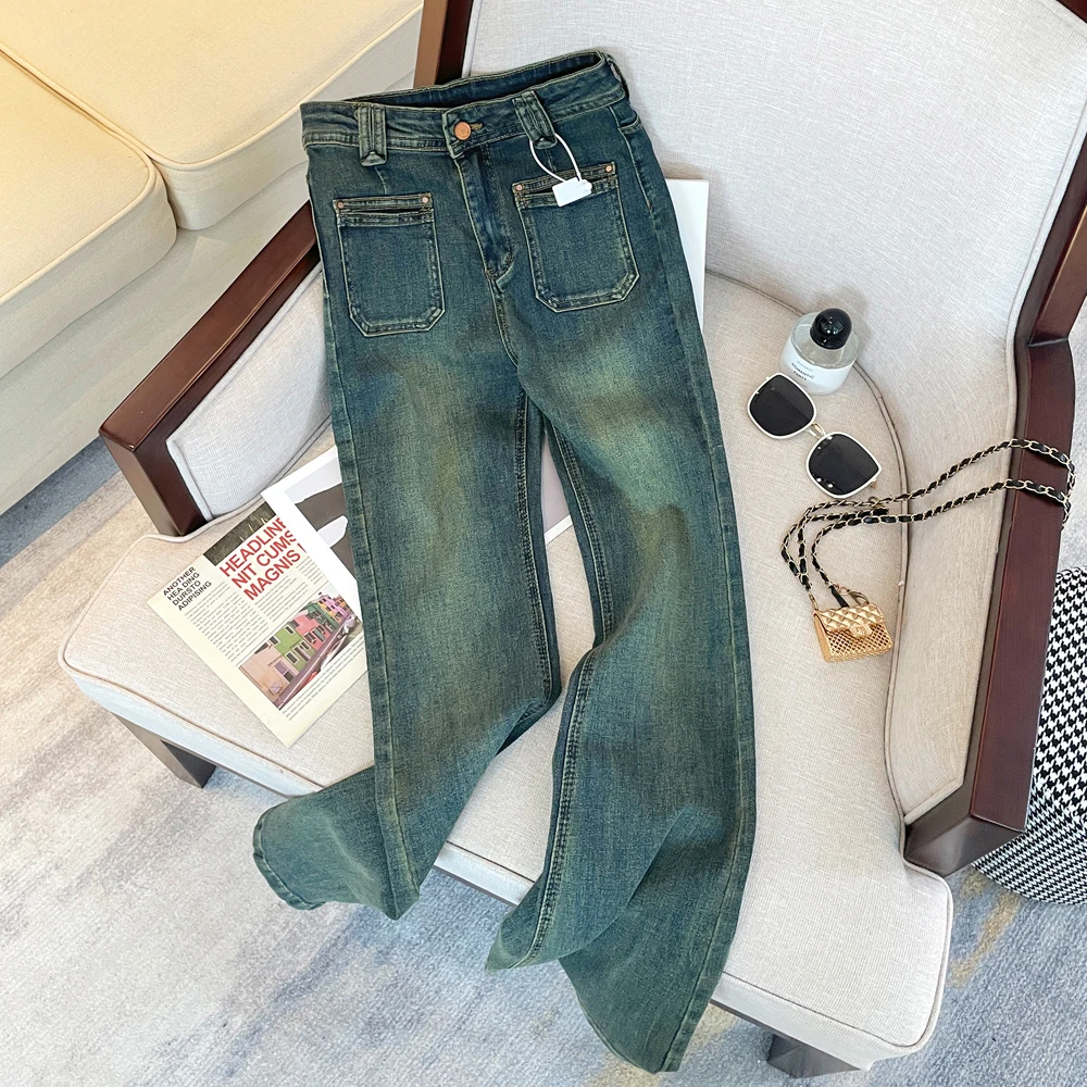

Women's Pocket Design Wide Leg Jeans Vintage American Style Casual Flare Pants Female High Waist Denim Bell-bottom Trousers