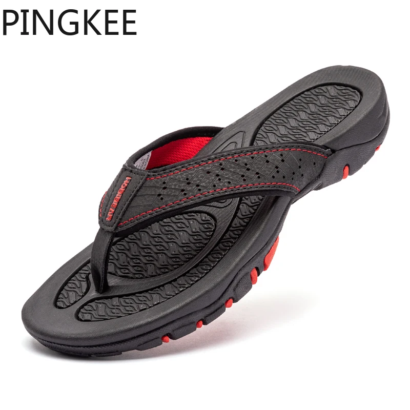 

PINGKEE Beach Flip Flops Shoes For Men Summer Shoes Leather Upper TPR Outsole Traction Lightweight Sandals Arch Support Comfort