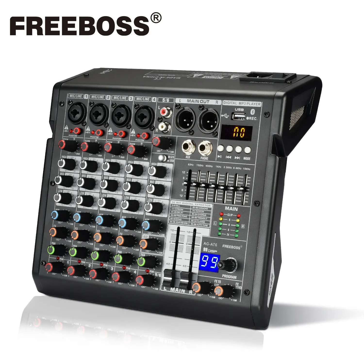 FREEBOSS 오디오 믹싱 콘솔 노래방 교회 라디오 AG-AT6, 6 채널 사운드 믹서, 7 밴드 EQ 48V 블루투스 USB PC 레코드, 99 DSP