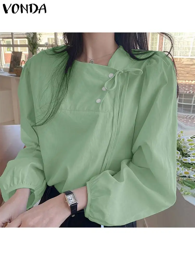 

VONDA Elegant Shirts Autumn Office OL Blouse 2023 Long Sleeve Women Tops Buttons Bandage Casual Solid Color Fashion Blusas Femme