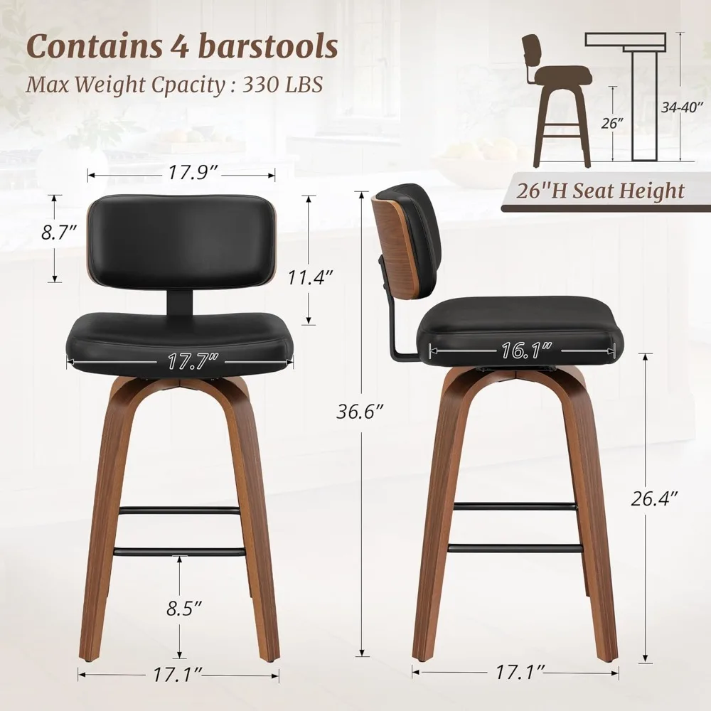 Set of 4 Swivel Counter Height Bar Stools – Mid-Century PU Leather, Walnut Legs 2