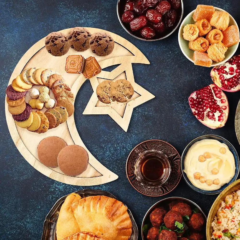 Eid Mubarak Serving Trays - 2025 Ramadan Wooden Trays, & Star Islamic Decor, Moon Gifts Home Plates, Eid Dessert M6N7 6