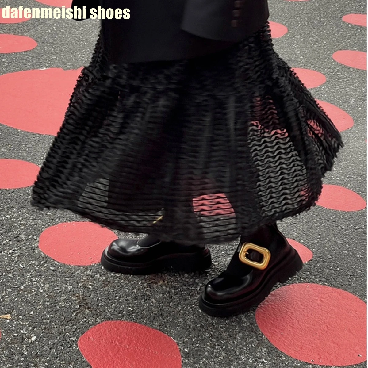 Metal Buckle Loafers Leather Shoes for Women Black Round Toe Platform Slip On Mary Jane Shoes 2024 Spring Fashion Casual Shoes