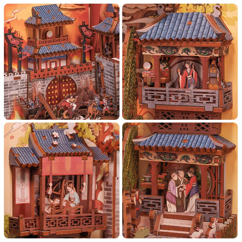 100500754 DIY 3D Puzzle Wooden Dollhouse with Light Dust Cover The Legend of Mulan Chinese Style Bookshelf Insert Decor for Gift 3