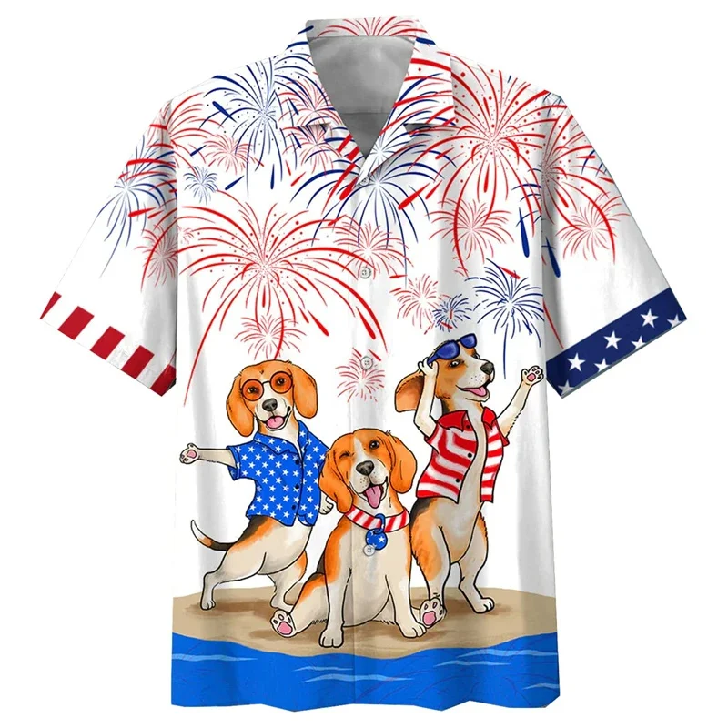 

Fashion USA Flag 3D Printed Shirts For Men Clothing Funny Animal Dog Graphic Short Sleeve Hawaiian Beach Shirts Vacation Y2k Top