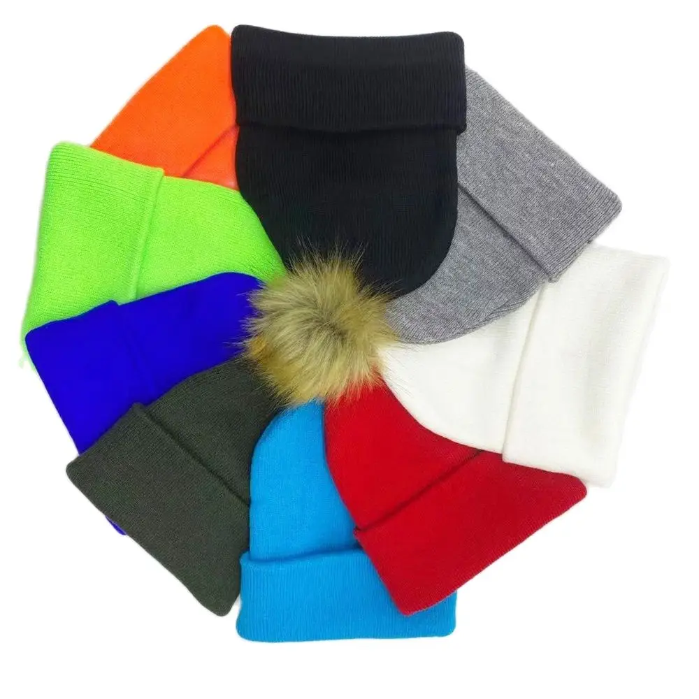 

HanXi Winter Knitted Female Faux Fur Pom Poms Hat for Women Girl 's Hats Knitted Beanies Cap Hat Thick Women Skullies Beanies