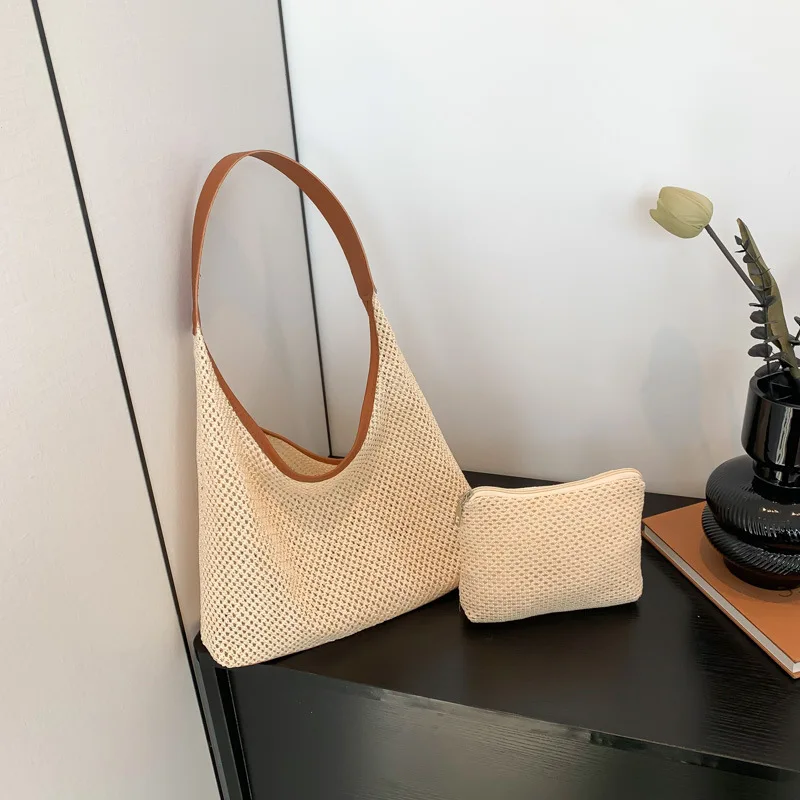 Cross Border Women's Bag 2024 New Grass Woven Mother and Child Shoulder Bag Spring Tour Style Single Shoulder Bag