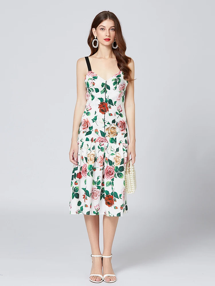 

2022 Autumn Wemen Designer Femme Vestidos Fashion rose Print Square Collar Sleeveless Spaghetti Strap Vacation New Dress