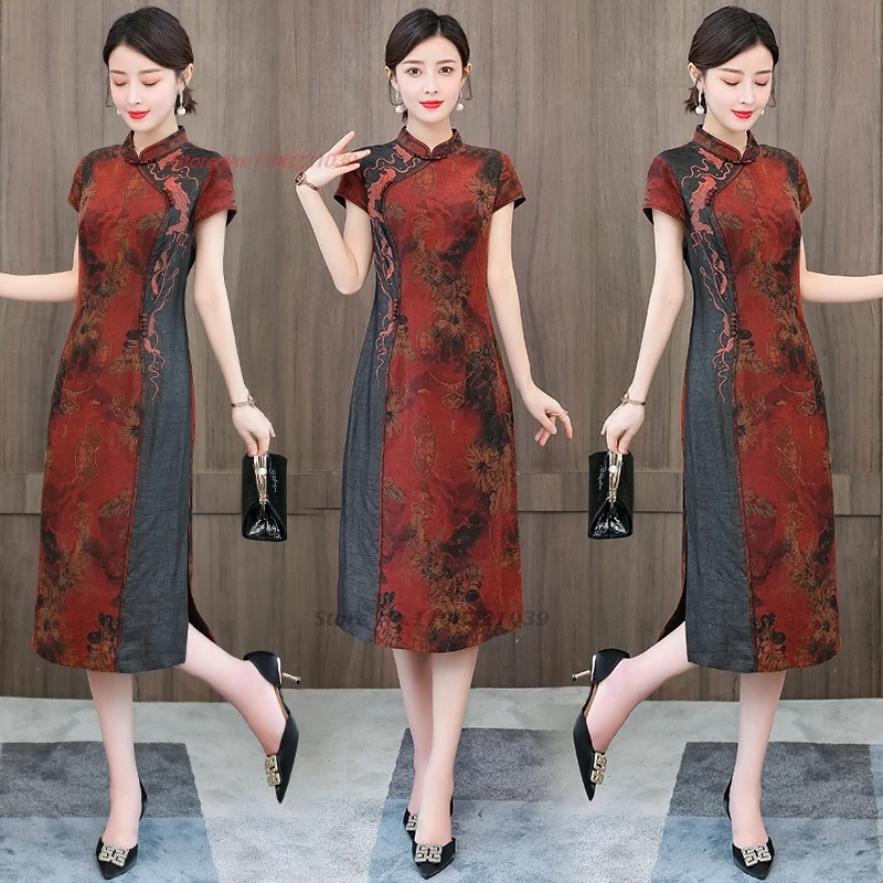 

2024 traditional chinese vintage a-line dress improved qipao national flower print a-line satin cheongsam banquet evening dress