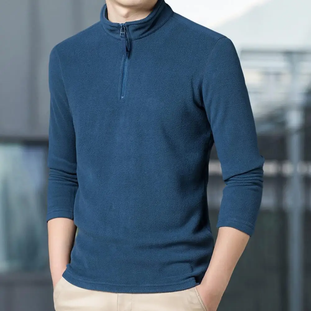 

Men Sweatshirt Solid Stand Collar Zipper Neckline Slim Pullover Autumn Winter Double Sided Fleece Bottoming Shirts