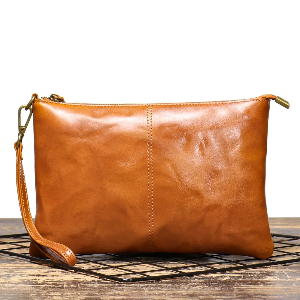 

Vintage Men's Leather Clutch Handbag Handmade Vegetable-tanned Leather Document Bag Top Grain Cowhide iPad Bag Simple Wrist Bag