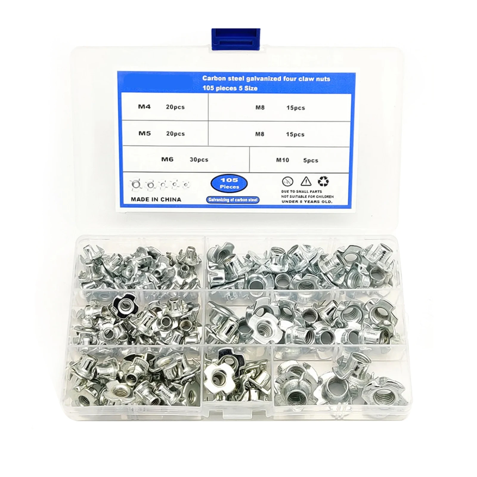 

105pcs T Nut Tee Nut 4 Pronged M5,M6,M8,M10 T-Nut Tee Nut 4 Pronged Blind Nut Stainless Steel For Household Appliances