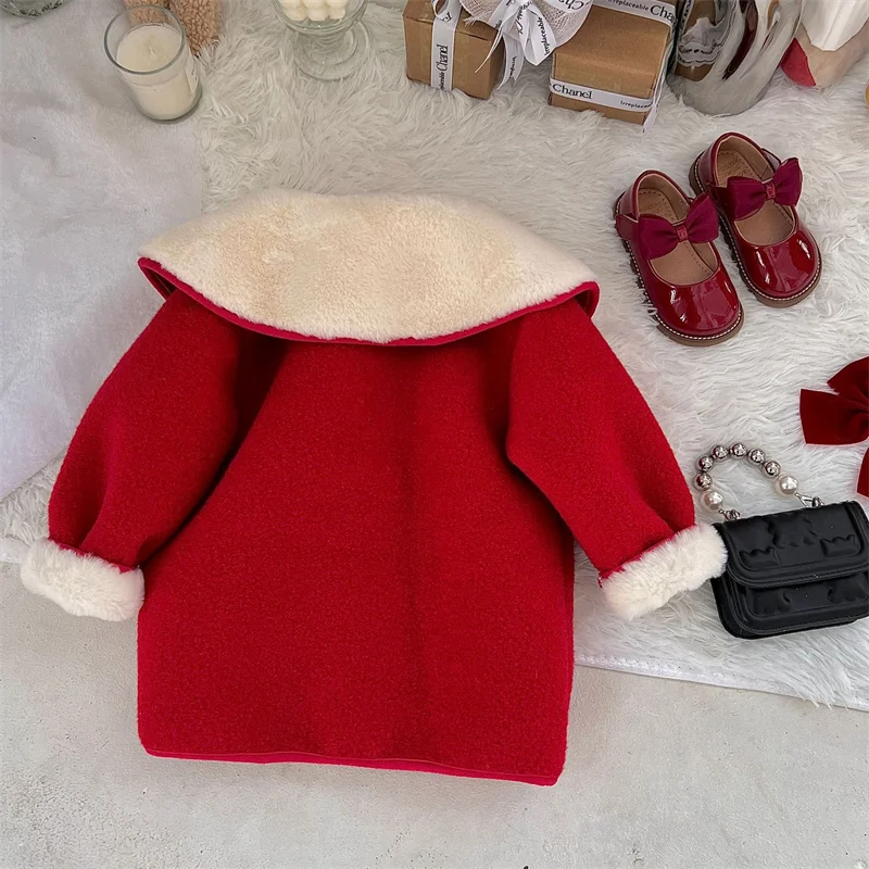 Girls Kids Woolen Coat Jacket Overcoat 2023 Red Warm Thicken Winter Cotton  Windproof Plus Size Children's Clothing