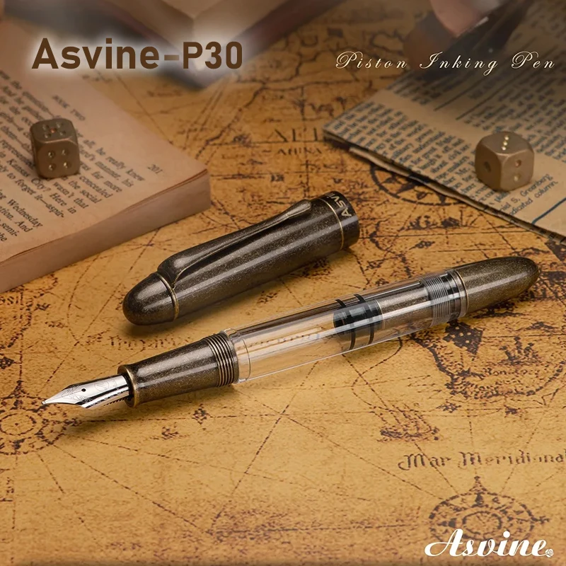 Asvine P30 만년필, 럭셔리 우아한 피스톤, 황동 쓰기 펜, 어뢰 모양, 금속 및 아크릴, 사무용품 문구