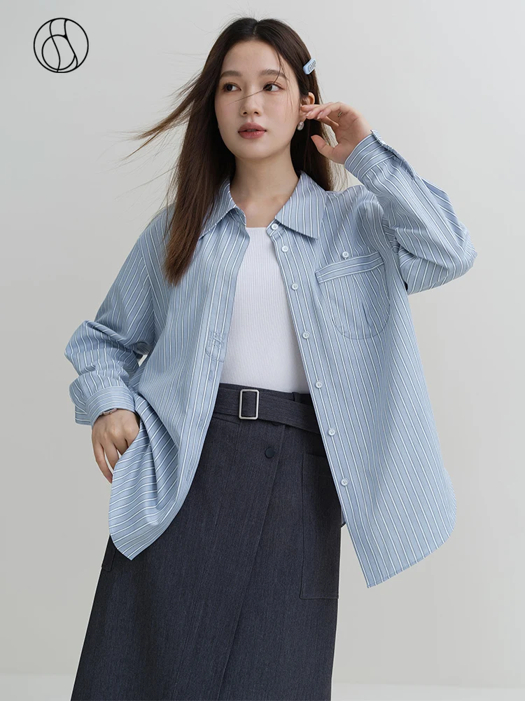 

DUSHU College Style Blue Striped Long-sleeved Shirt for Women 2023 Winter Chic Style All-match Casual Top Shirt for Female