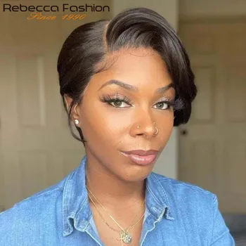 Short Cut Pixie Straight Bob T Part Lace Wig Remy Human Hair With Bangs For Women Pre Plucked C Lace Wigs Natural Color