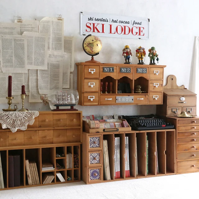 Természetes Fenyő Szilárd Fa Úszó Fali Szekrény Mini Mellkas 10 Fiókos Kávéállomás Tároló Otthoni Dekoráció