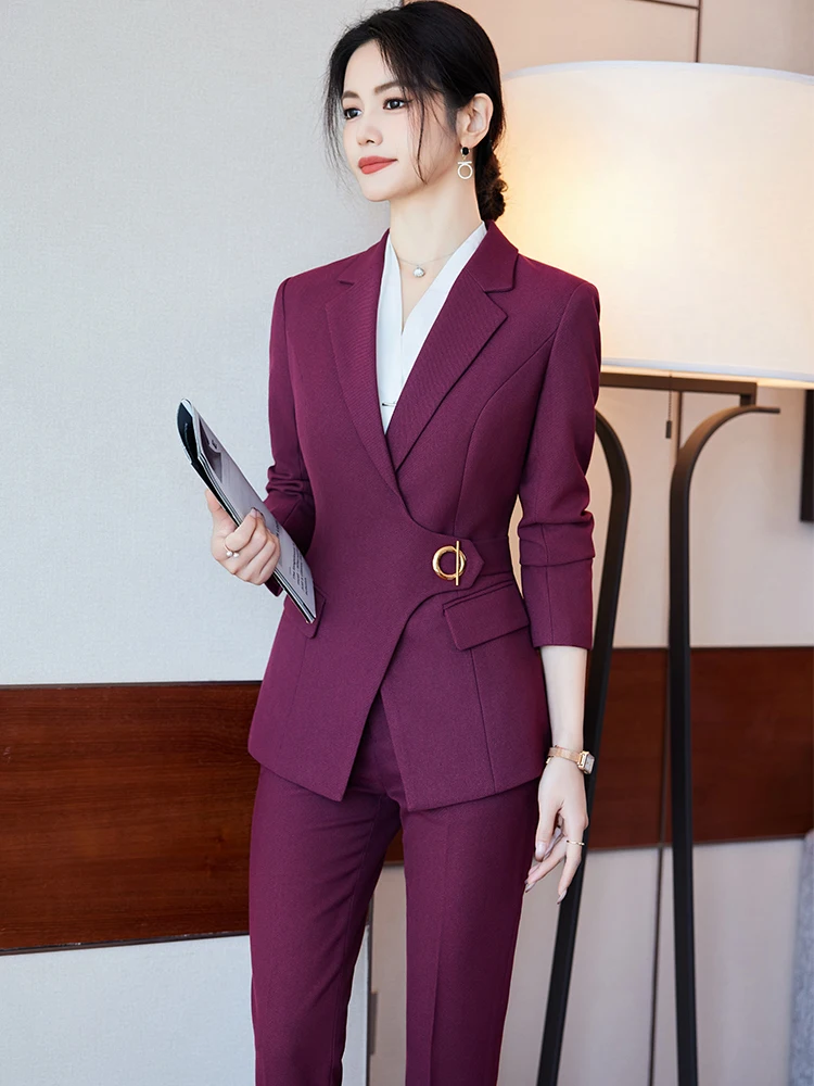 Office Ladies Pant Suit Women Black Blue Wine Female Business Work Wear Jacket Blazer and Trouser Formal 2 Piece Set 2