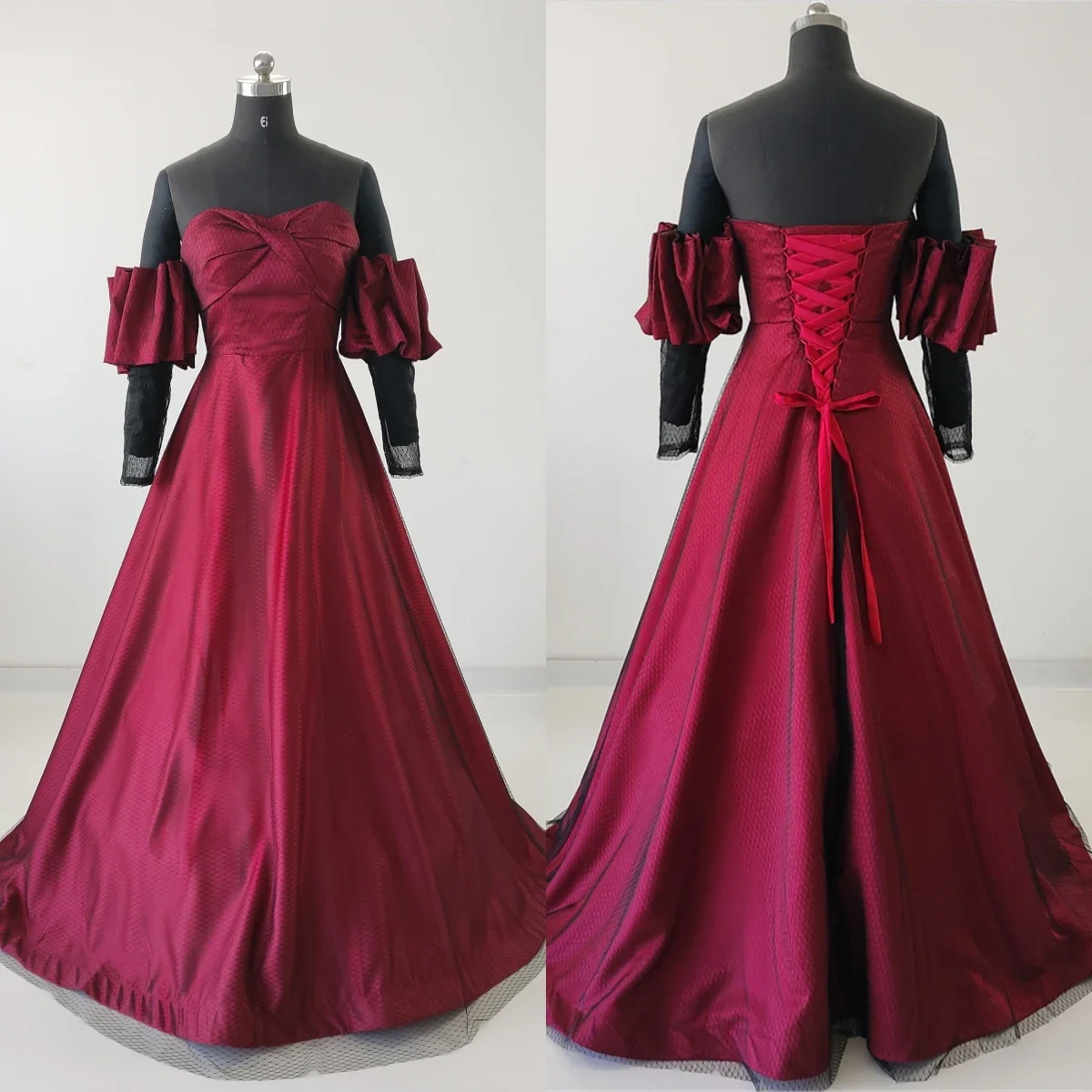 

Real Photo Evening Dress Burgundy Satin Black Tulle Short Puff Sleeves Criss-cross A-line Floor Length Plus Size Lady Party Gown
