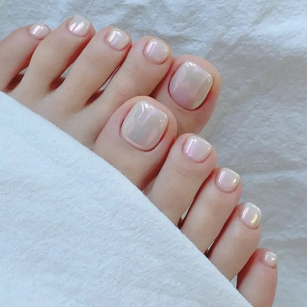 False Toenail Tips 24pcs Simple French Fake Toenails White Edge Pink Short Square Toe Nails Full Cover Foot Nails Tips For Women Girls