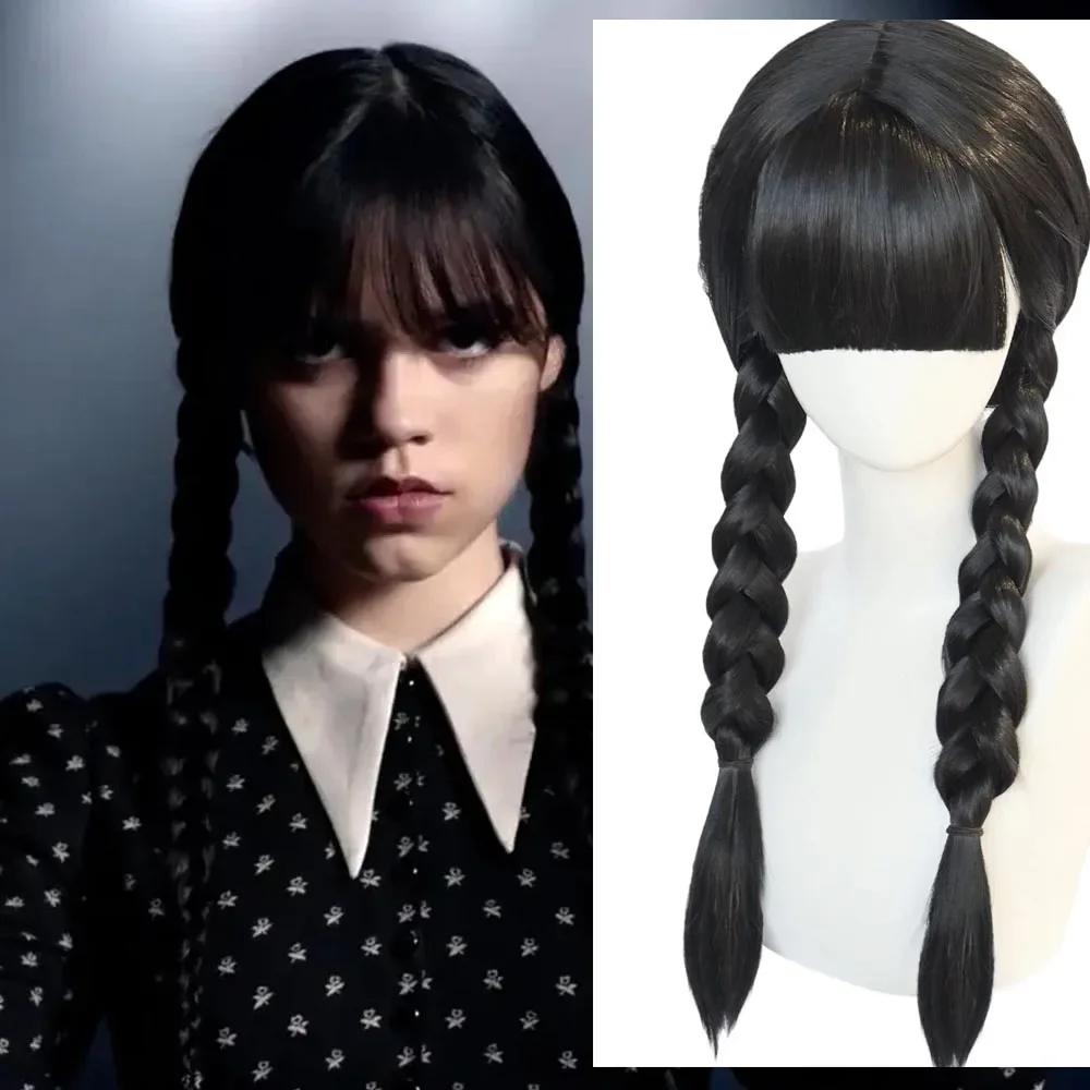 

Wednesday Addams Cosplay Wig Movie Addams Family Long Black Braids Hair with Bangs for Halloween Party