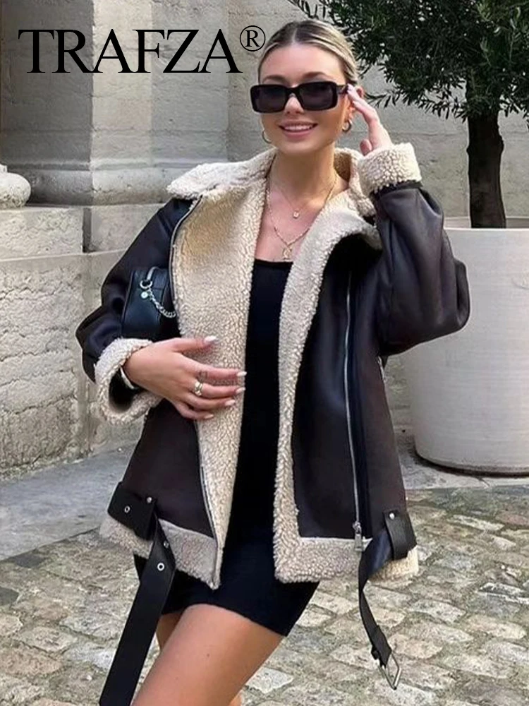 

TRAFZA Winter Vintage Jacket Woman Trendy Solid Turn-Down Collar Long Sleeve Pockets Belt Decoration Zippers Female Thick Outerw