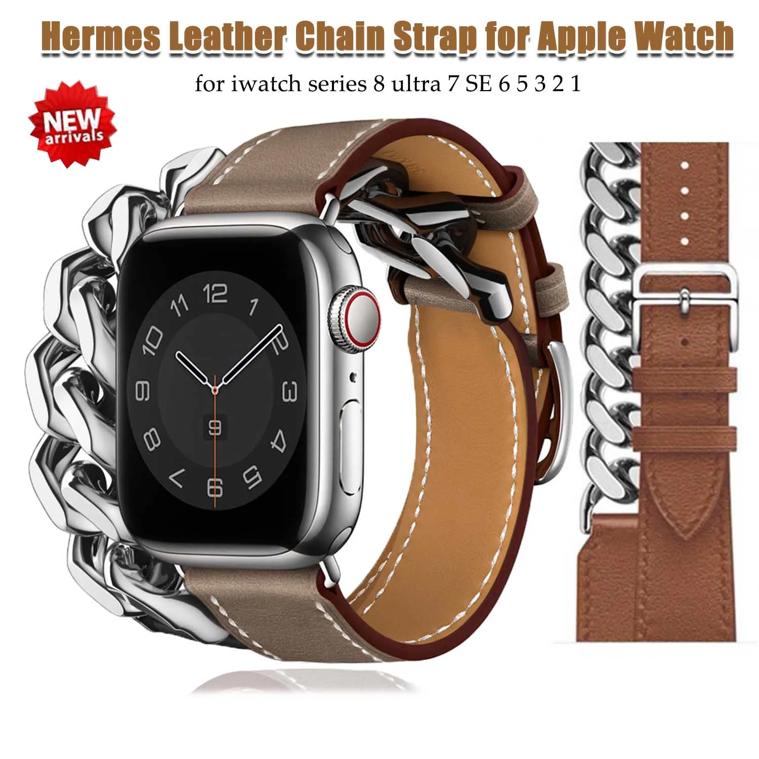 

Leather Steel Chain Strap for Apple Watch 8 Ultra 49mm 7 SE 6 5 4 Metal Leather Watchband for iWatch Series 42/44/45mm 38/4041mm